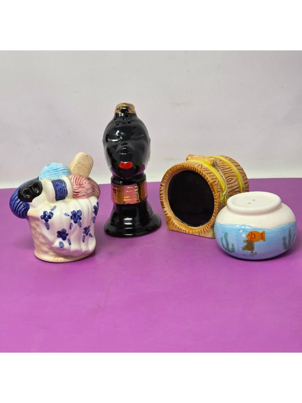 Vintage Ceramic Salt Pepper Shakers‎ - Yarn Basket Barrel Bust & Fish Bowl Theme